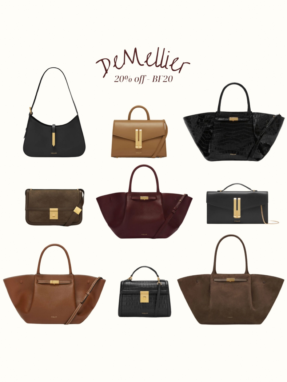 20% off DeMellier! Here are some of my top picks (inc some bags I own and love) such a fab investment piece and honestly some of these bags are better quality than some of the designer ones I own! 

Code is BF20! 

#LTKuk #LTKCyberWeek #LTKluxury