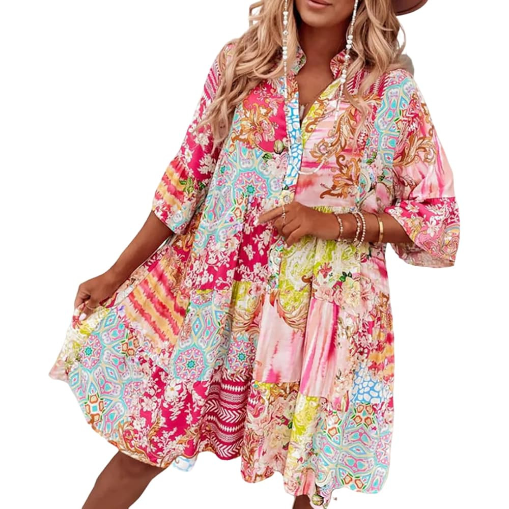 Women's Casual Sweet Pink 3/4 Sleeve Mini Dress Breathable Blend Loose Fit 2025 Summer Fashion | Amazon (US)