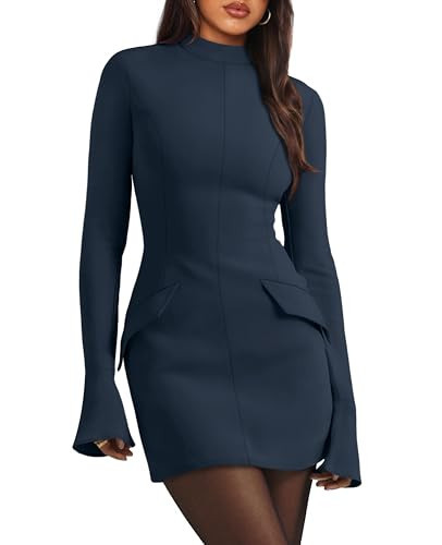 OFEEFAN Fall Bodycon Dress Mock Neck Long Sleeve Dress for Women Darkgrey M | Amazon (US)