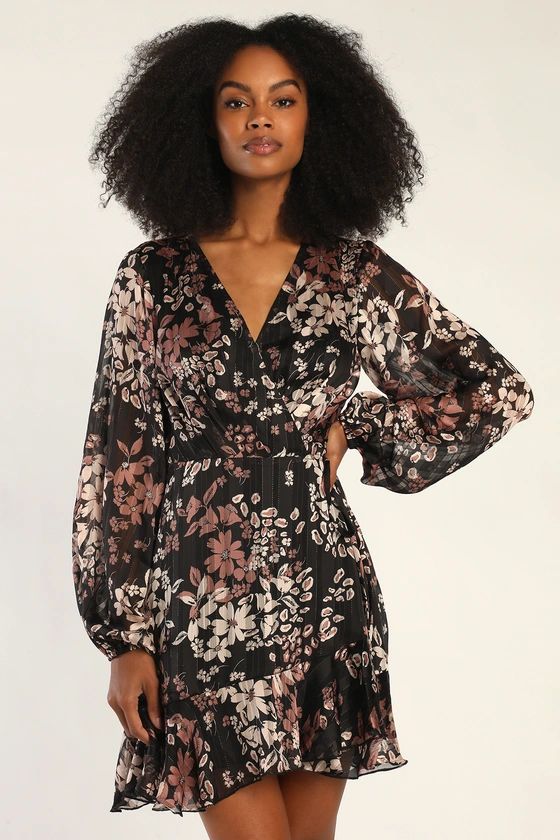 Splendid Sweetie Black Floral Print Long Sleeve Mini Wrap Dress | Lulus (US)