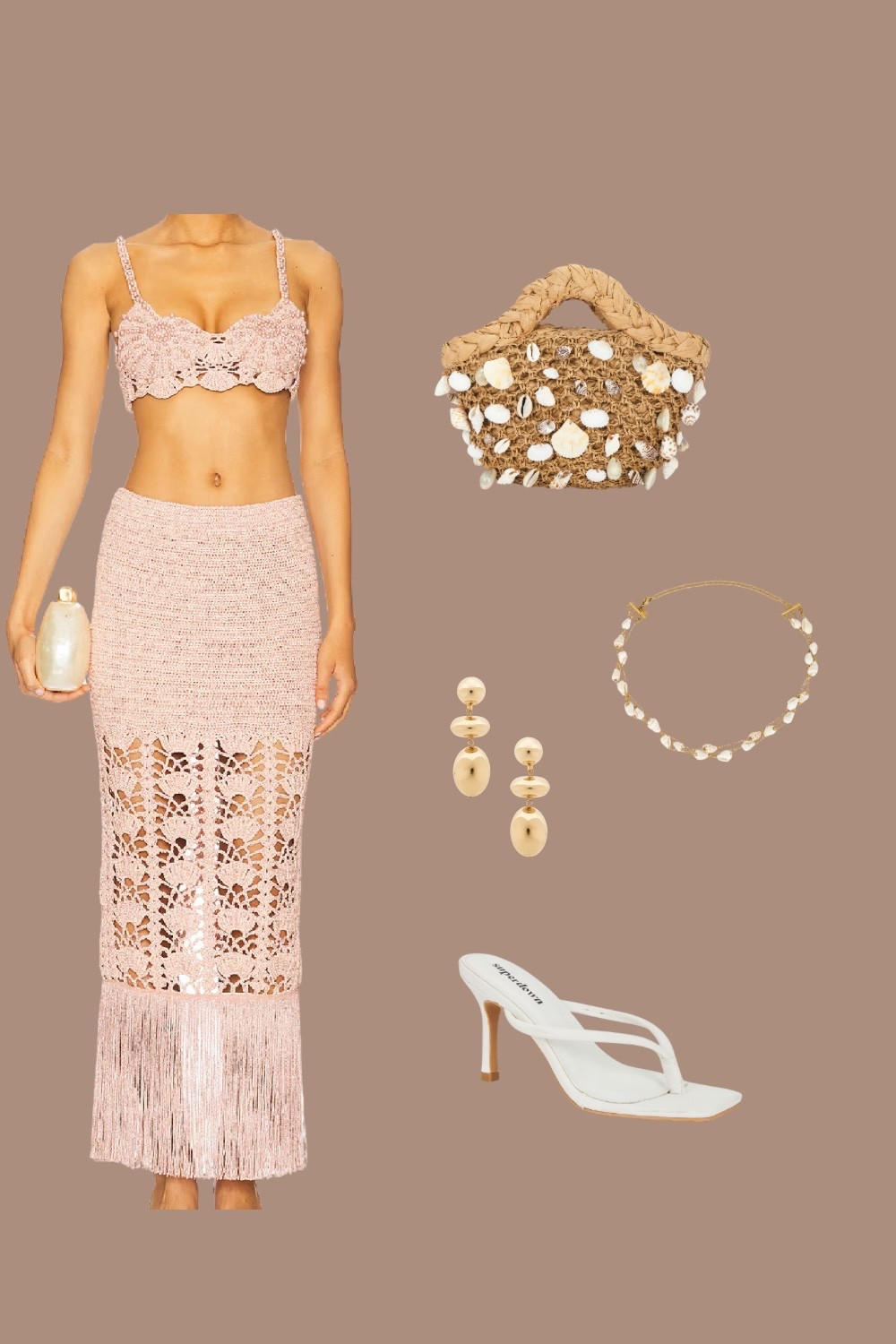  A dreamy pink crochet two-piece outfit styled with seashell accessories, white strappy heels, and a woven beach bag. Perfect for tropical vacations, summer parties, and resort wear. 🌴☀️ #BeachOutfitIdeas #BohoStyle #VacationLooks #SummerFashion

#LTKSeasonal #LTKU #LTKStyleTip