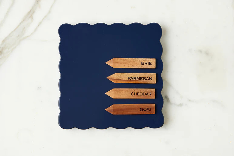 Square Scalloped Cheese Board with Cheese Markers, Small, Navy Blue | etúHOME