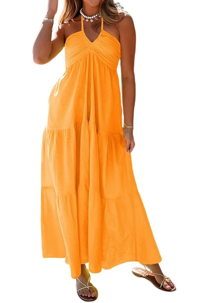 Women's Tie Back Maxi Halter Flowy Dress with Pockets | Amazon (US)