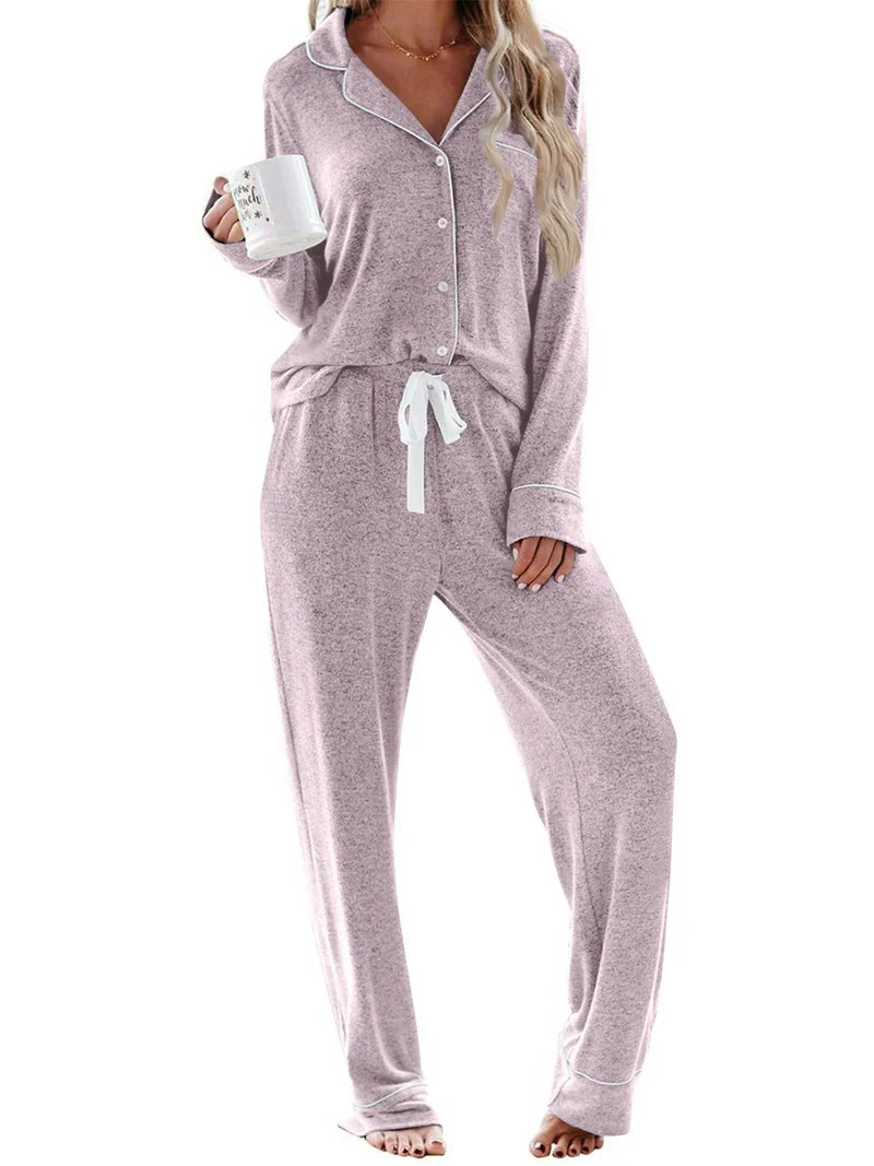 UVN Womens Pajama Sets Long Sleeve Top and Long Pants Soft Pjs Sleepwear Ladies Button Down Loung... | Walmart (US)