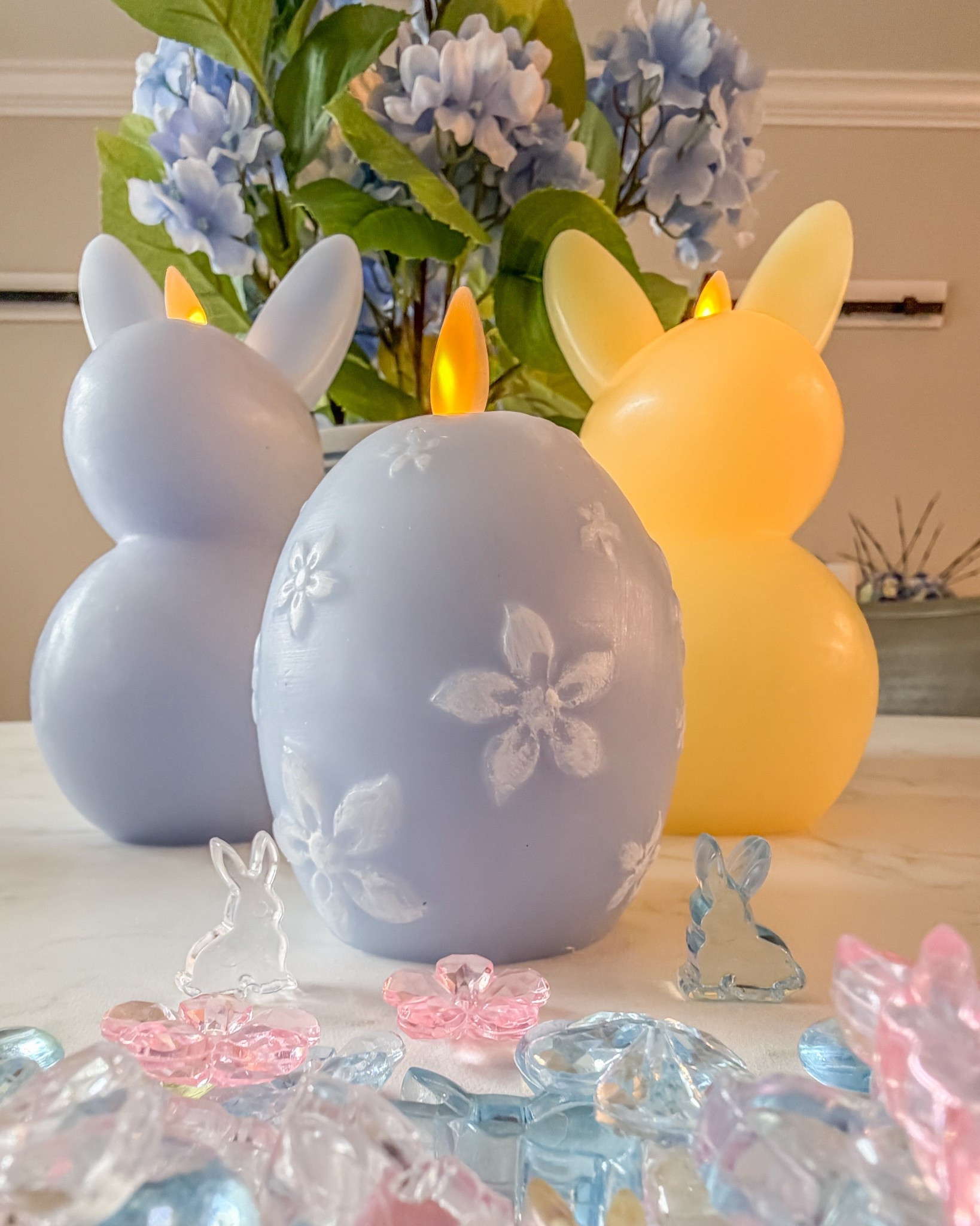These luminara  flameless bunny candles are such a pretty Easter decor idea. I love the soft glow with blue hydrangeas for a fresh spring centerpiece. 

#LTKHome #LTKSeasonal