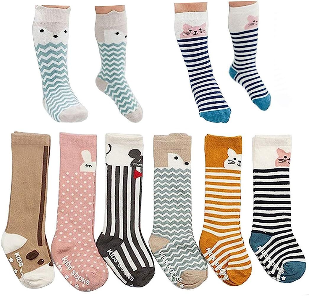 6 Pairs Non Skid Toddler Socks Baby Boy Girl socks with Grid Cotton Knee High Boot Socks | Amazon (US)