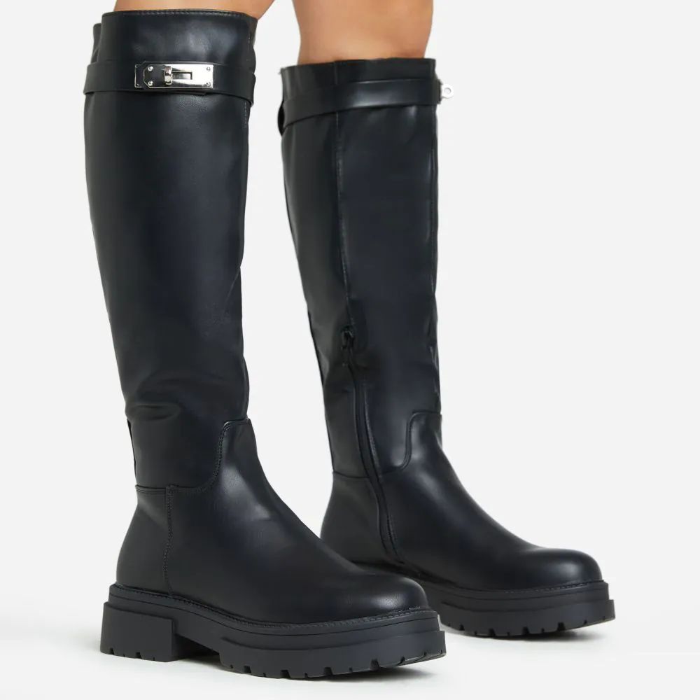 Hero Chunky Sole Side Lock Detail Knee High Long Boot In Black Faux Leather | Ego Shoes (UK)