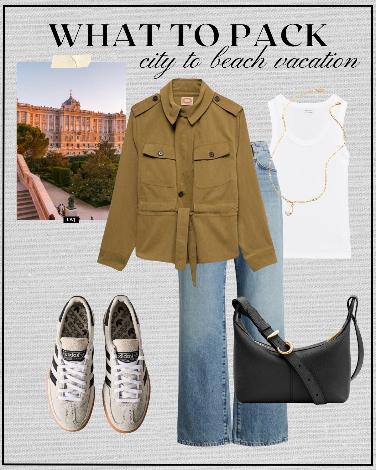 Madrid vacation outfit inspo 

Light jacket / white tank top/ light blue wide leg jeans / adidas handball spezial sneakers / purse 

#LTKTravel
