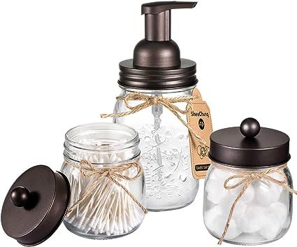Mason Jar Bathroom Accessories Set - Mason Jar Foaming Hand Soap Dispenser and Qtip Holder Set - ... | Amazon (US)