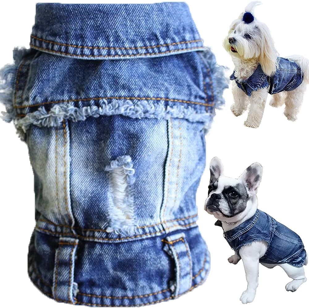 Dog Jean Jacket, Blue Denim Lapel Vest Coat T-Shirt Costume Cute Girl Boy Dog Puppy Clothes, Comf... | Amazon (US)