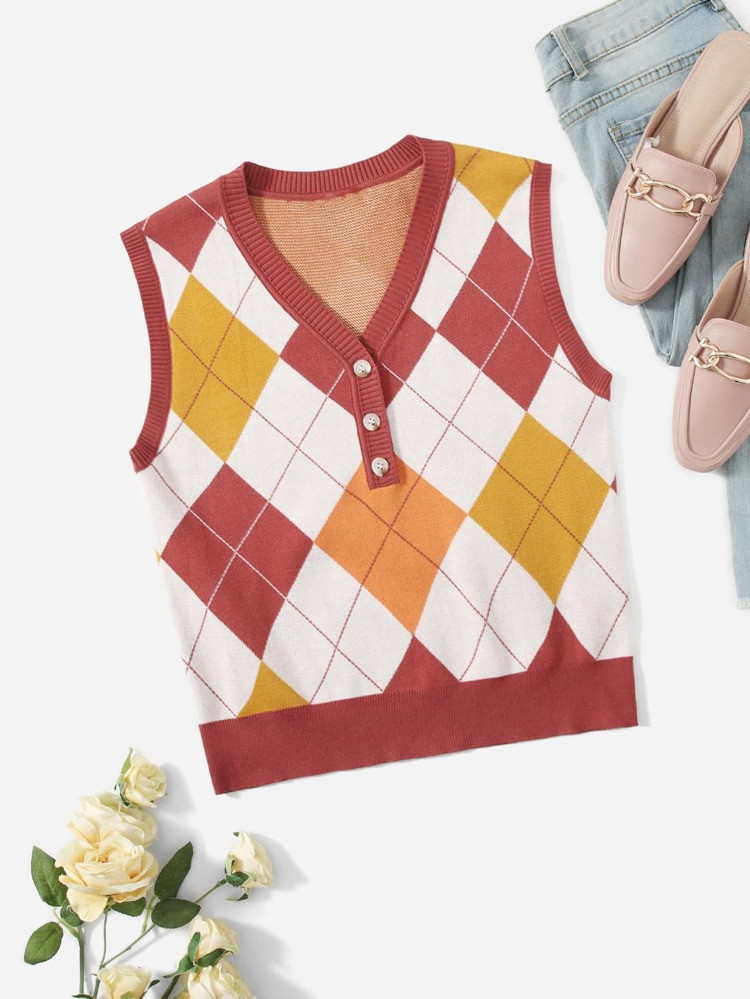 SHEIN Buttoned Front Argyle Pattern Knit Top | SHEIN