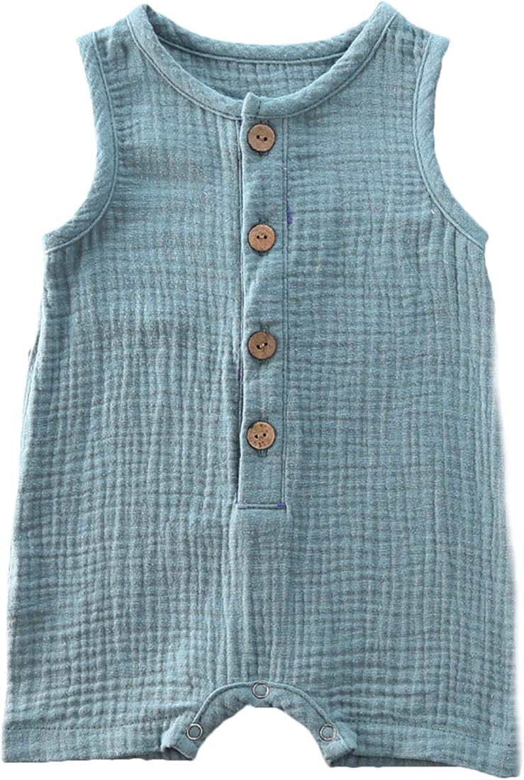 Baby Boys' Girls Short Sleeve Rompers Jumpsuit with Pocket,Organic Cotton and Linen Sleeveless On... | Amazon (US)