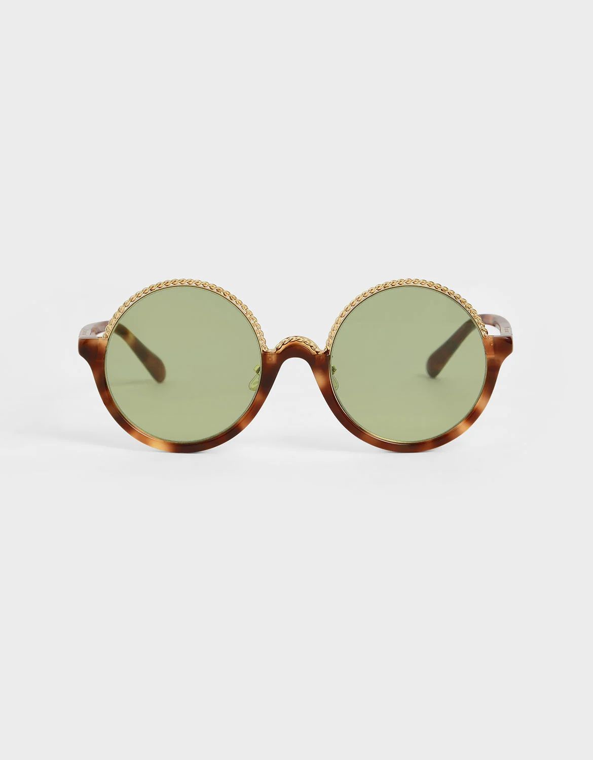 Tortoiseshell Half Frame Embellished Round Sunglasses | CHARLES & KEITH (US)