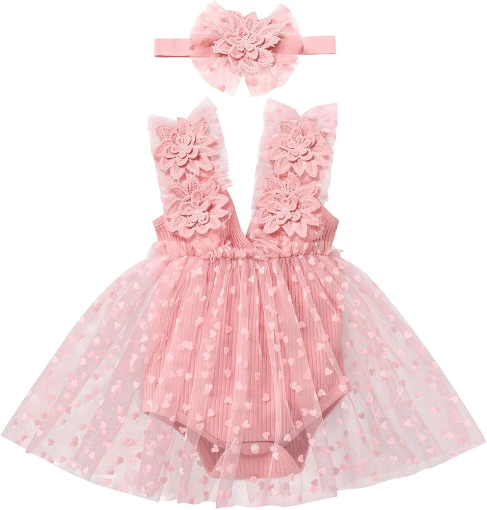 Newborn Baby Girl 1st Birthday Outfit Lace Tulle Romper Dress with Floral Headband Cake Smash Pho... | Amazon (US)