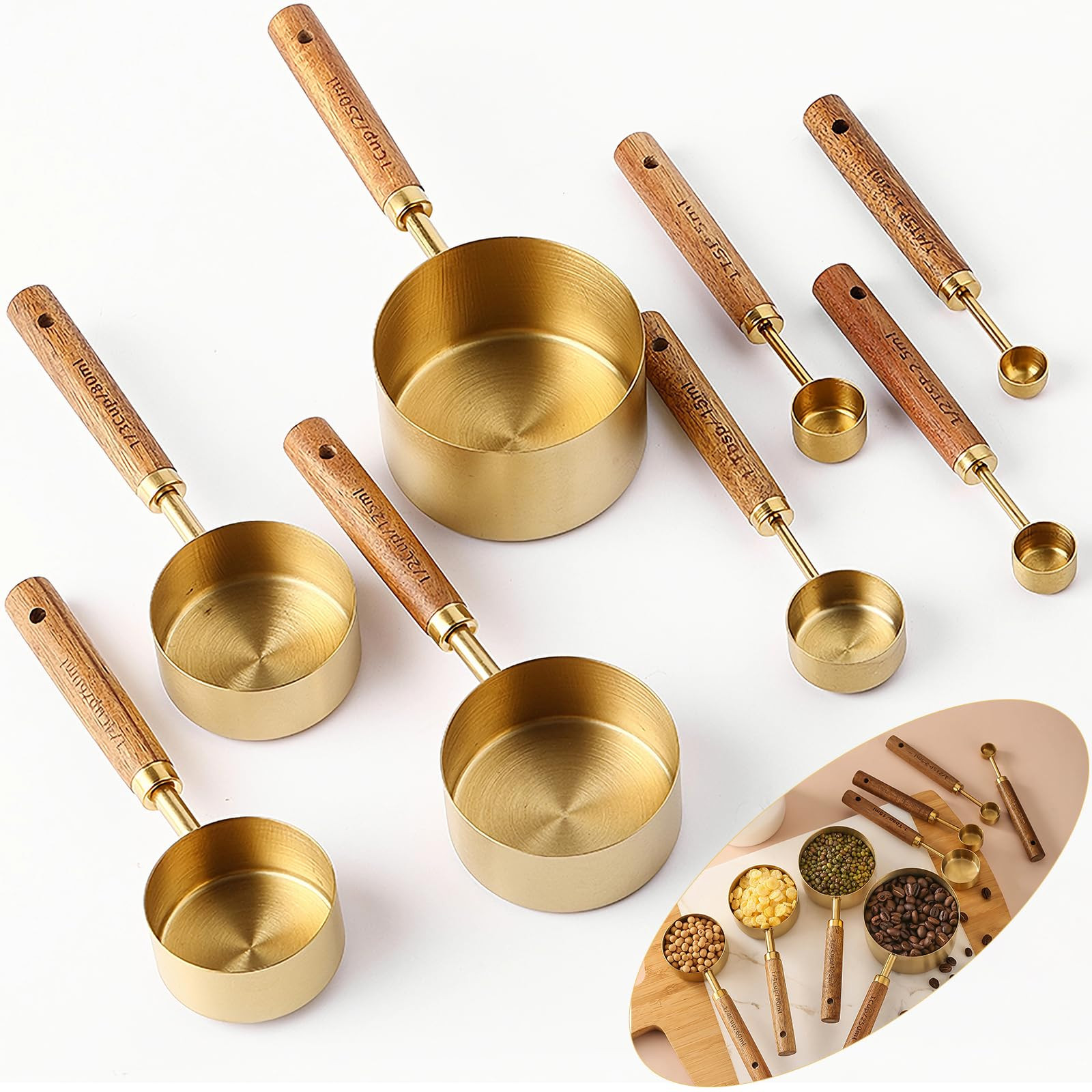 8Pcs Measuring Cups and Spoons Set - Golden Stainless Steel Measuring Cups with Wooden Handle, Me... | Amazon (US)