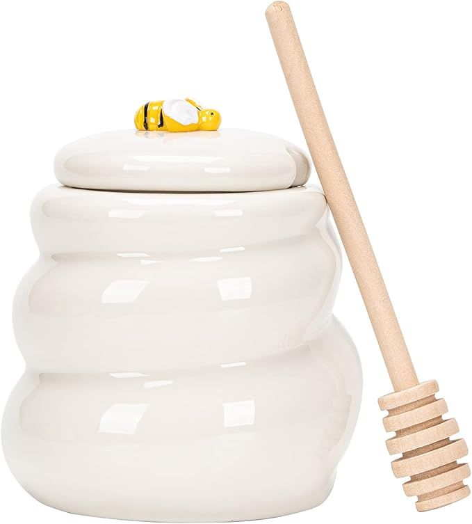 Ceramic Honey Pot with Lid and Wooden Dipper, 14oz Beehive Honey Jar for Home Kitchen Honey Syrup... | Amazon (US)