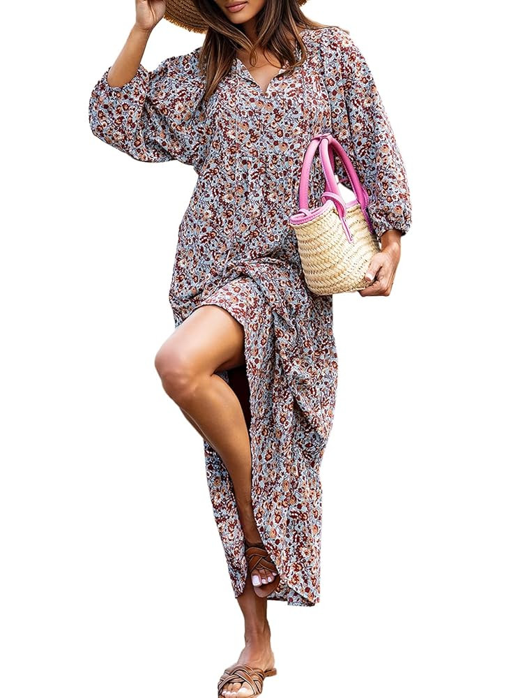 miduo Womens Loose Fit Casual Summer V Neck Half Sleeve Bohemian Geometric Pattern Maxi Long Dres... | Amazon (US)