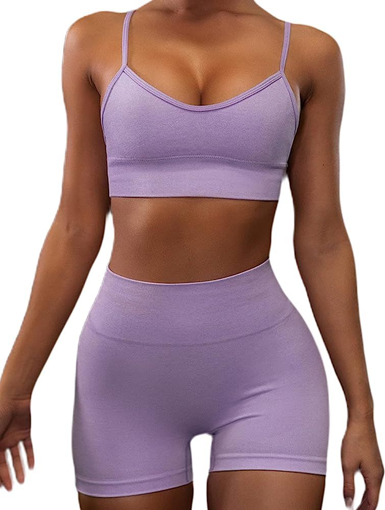 Women Workout Set 2 Pieces Outfits Seamless Sport Bra High Waist Shorts Legging Yoga Set | Amazon (US)