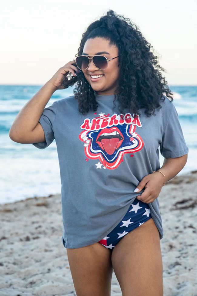 America Tongue Grey Oversized Graphic Tee | Pink Lily