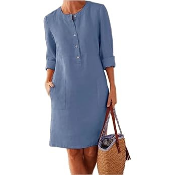 Akivide Womens Cotton Linen Casual Loose Dress Long Sleeve Knee Length Button Up Beach Shirt Dres... | Amazon (US)