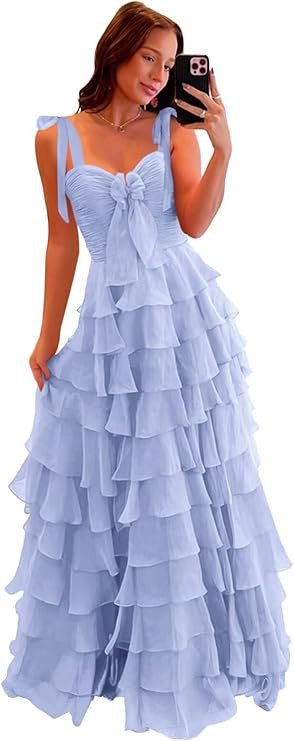 LORIE Spaghetti Straps Tiered Prom Dresses with Bow 2025 Long Ruffle Chiffon Formal Evening Ball ... | Amazon (US)