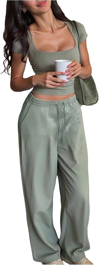 SweatyRocks Women's 2 Piece Outfits Short Sleeve Crop Top and Drawstring Pants Tracksuits Matchin... | Amazon (US)