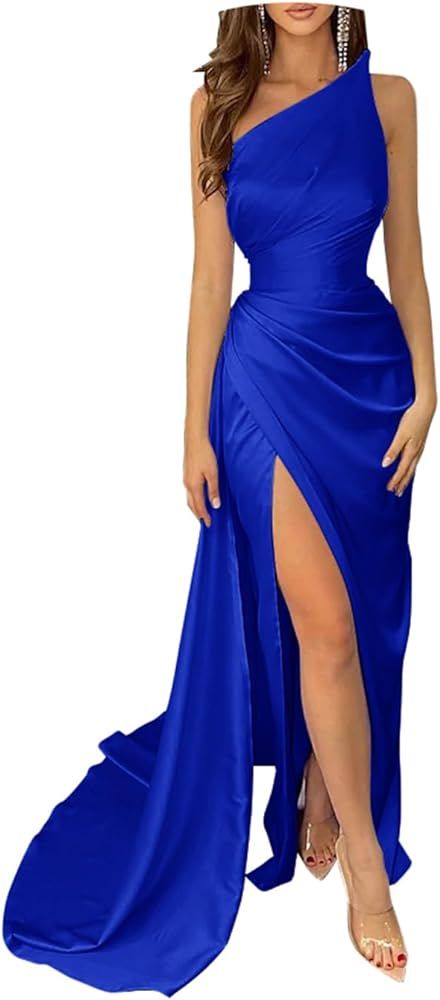 Women's Ruched Wrap Slit Prom Dresses Satin Long 2024 Pleated Mermaid Bridesmaid Evening Party Go... | Amazon (US)