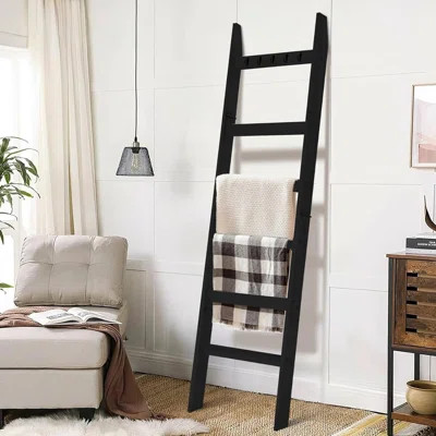 6-Story Blanket Ladder With Hooks, Living Room Blanket Ladder Against The Wall, For Blankets, Farmhouse Decor Ladder Shelf, Easy To Assemble | Wayfair Professional