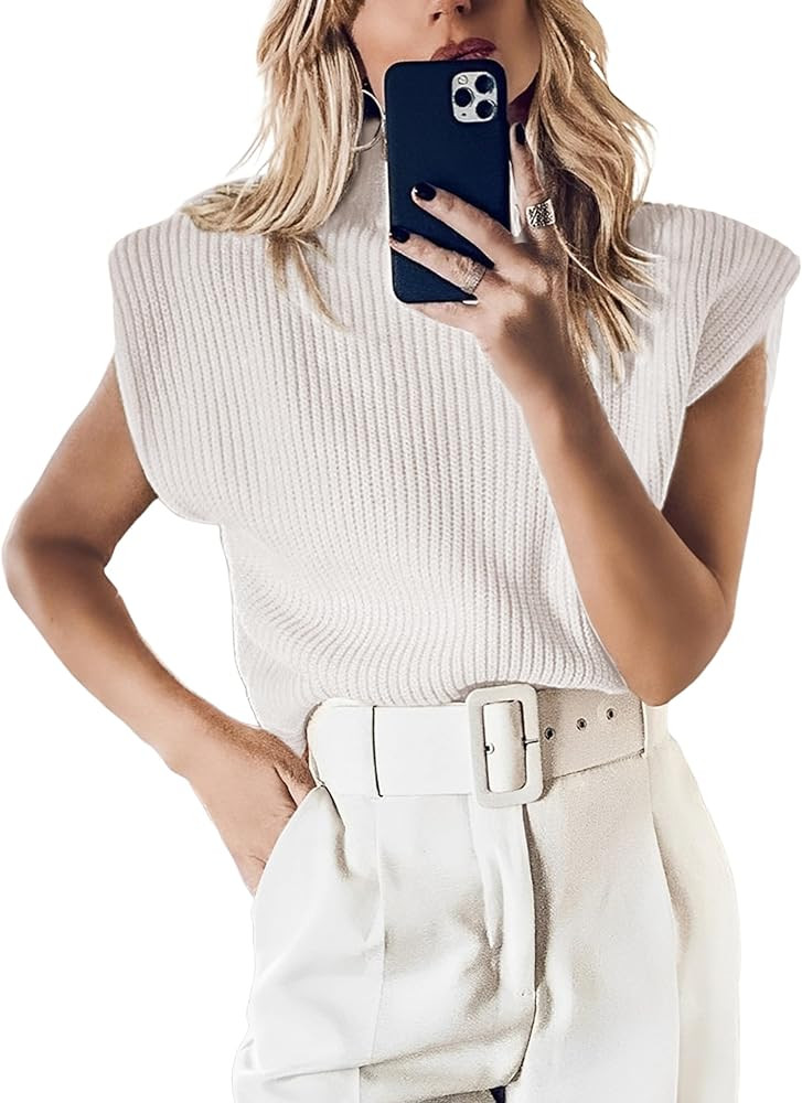 Hooever Women's Turtleneck Sleeveless Knitted Tank Tops Shoulder Pads Sweater Vest | Amazon (US)