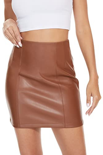Fahsyee Women Leather Skirt, Brown Faux Mini High Waist Plus Size Pencil Aline Bodycon Vegan Stretch Summer Spring Skirts L | Amazon (US)