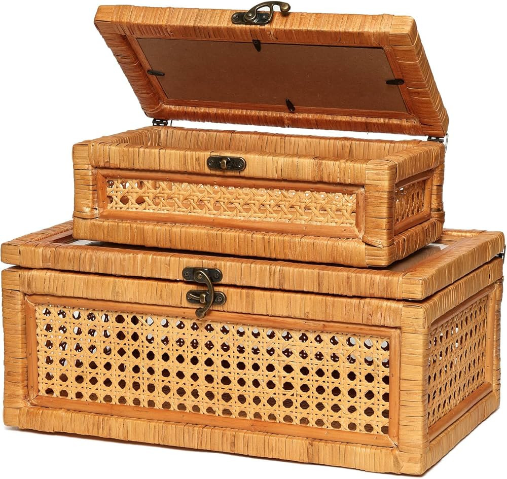 Handcrafted Rattan Decorative Boxes set of 2 with clear lids to display keepsakes,mementos and yo... | Amazon (US)