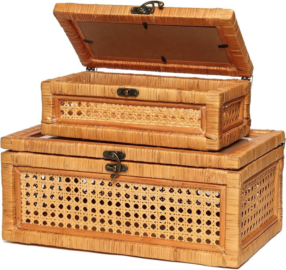 Handcrafted Rattan Decorative Boxes set of 2 with clear lids to display keepsakes,mementos and yo... | Amazon (US)