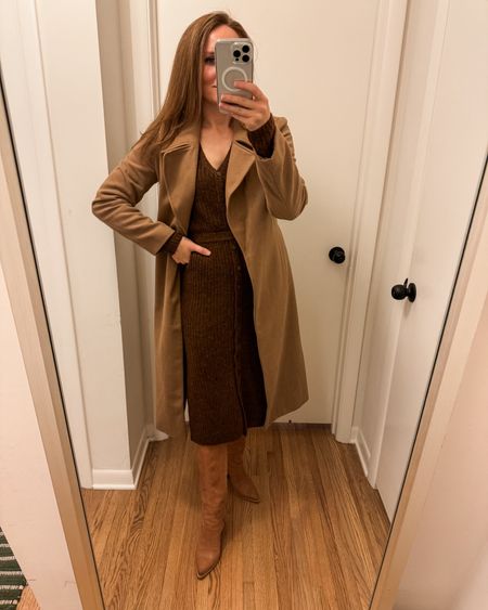 Church outfit idea // brown 🤎 outfit idea // camel wrap coat // sweater dress // brixx camel boots 

#LTKSeasonal