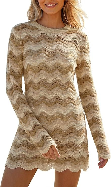 Women's Crochet Colorful Mesh Summer Long Sleeve Cover Ups Casual Striped Beach Wear Knit Mini Dr... | Amazon (US)