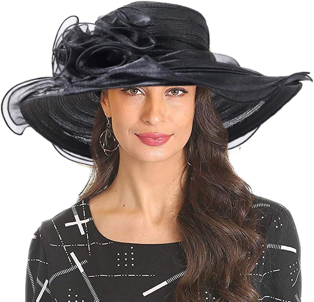 Kentucky Derby Church Dress Hat for Women Fascinator Bridal Tea Party Wedding Hat Wide Brim | Amazon (US)