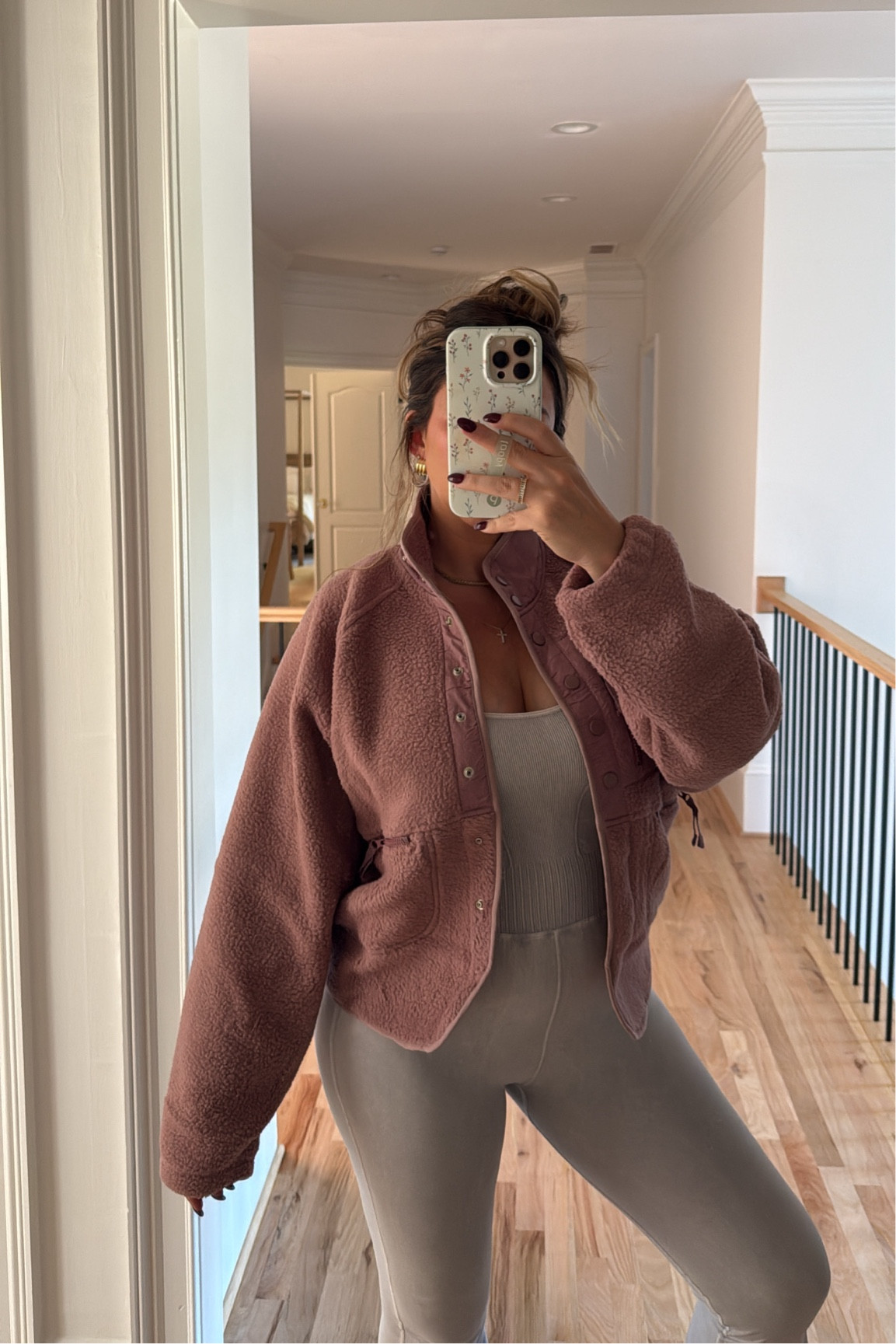 On the go casual cozy, onesie and fleece jacket with layered jewelry. 

#athleisure #casual #comfy #fallstyle