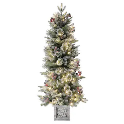 Holiday Living 4.5-ft Flocked Frost Berry Mixed Needle Pre-lit LED Artificial Christmas Tree | Lowe's