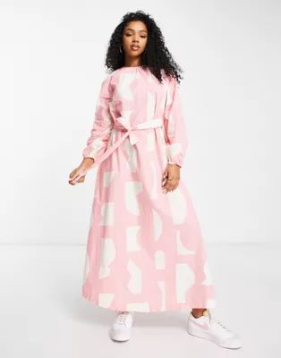 Monki poplin tie waist maxi dress in pink print | ASOS (Global)
