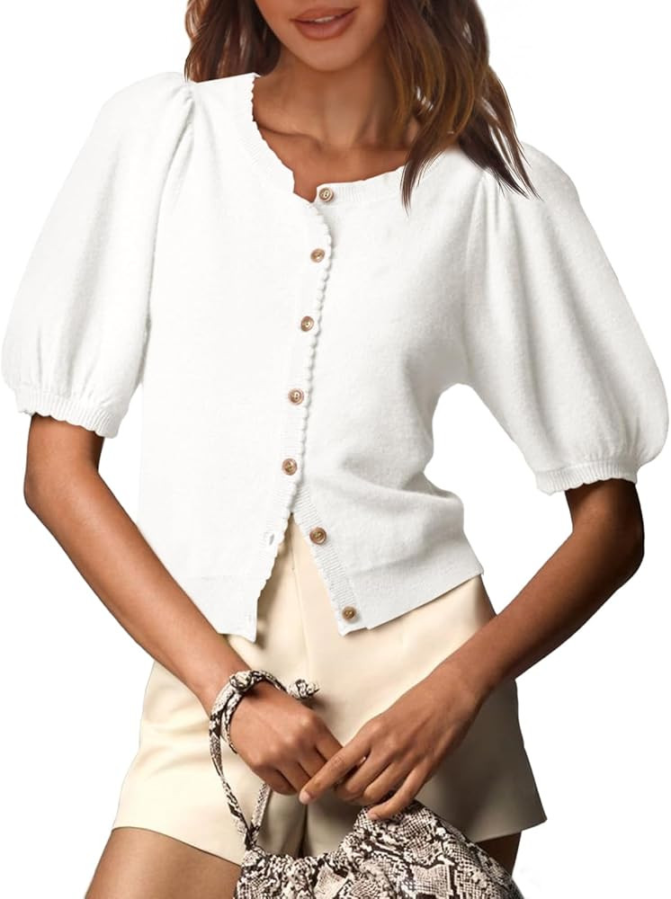 Saodimallsu Womens Puff Short Sleeve Cardigan Lightweight Summer Button Down Shirts Knit Crew Nec... | Amazon (US)