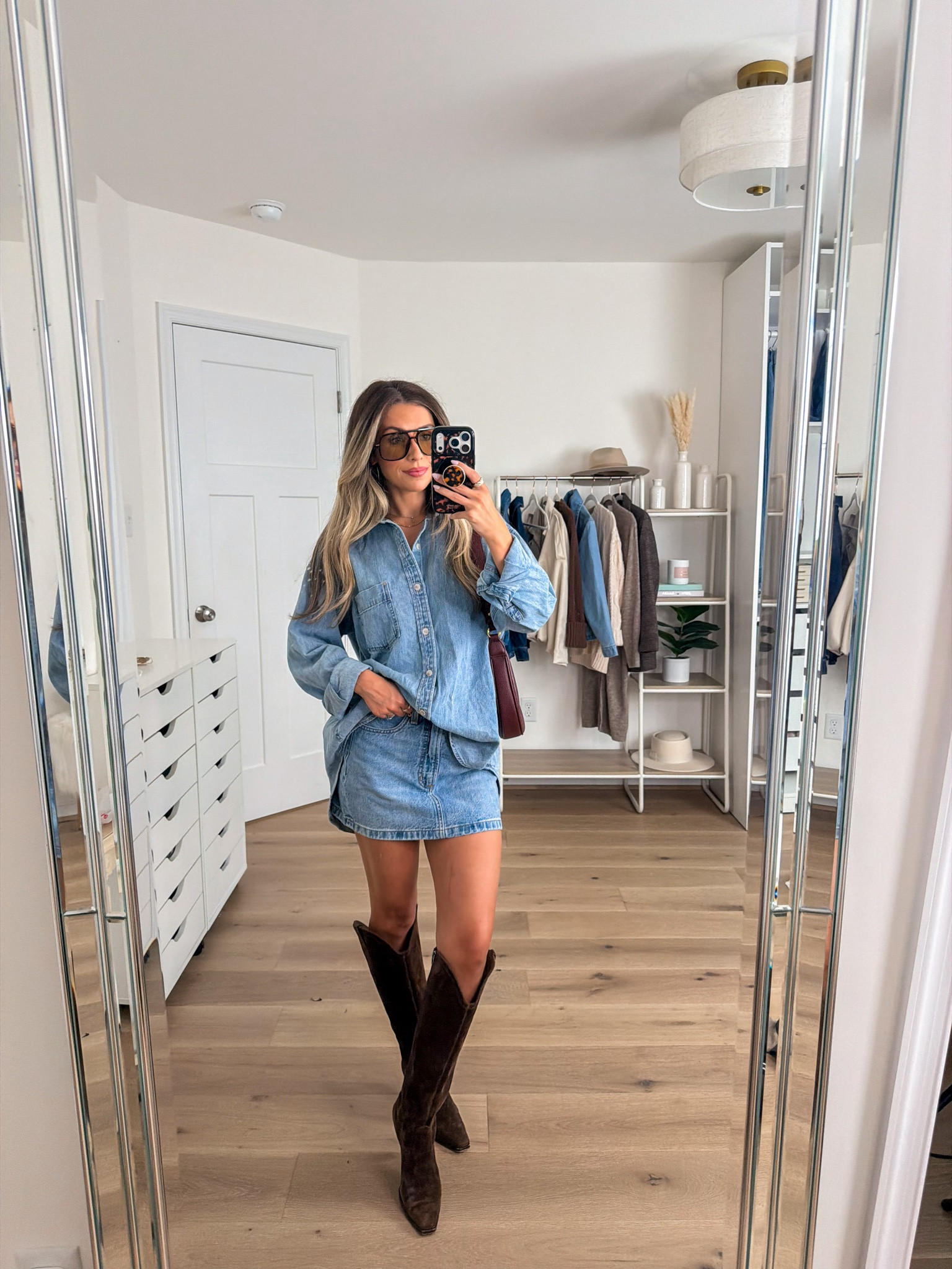Denim on denim fall outfit — size xs in the denim button up (shade 7 yrs pctr blue) and 24 in the denim mini skirt! Boots are tts but older so linking exact and similar!

#LTKootd #LTKPetite #LTKSeasonal