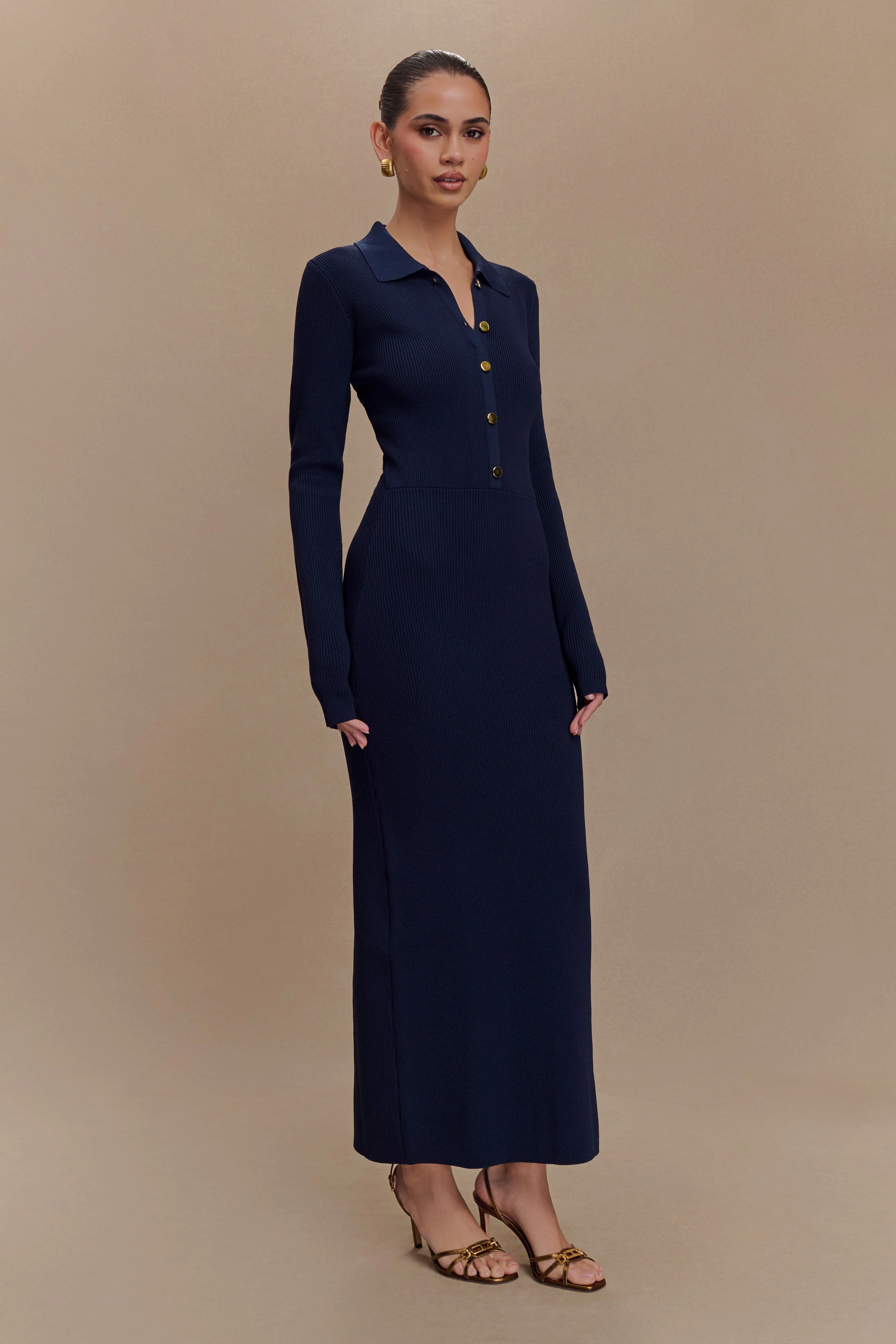 Abbey Buttoned Knit Midi Dress - Navy | Meshki (APAC)