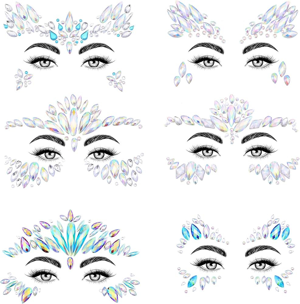 SAOROPEB Face Gems - 6 Sets Mermaid Face Jewels Temporary Tattoo Stickers Acrylic Crystal Glitter... | Amazon (US)