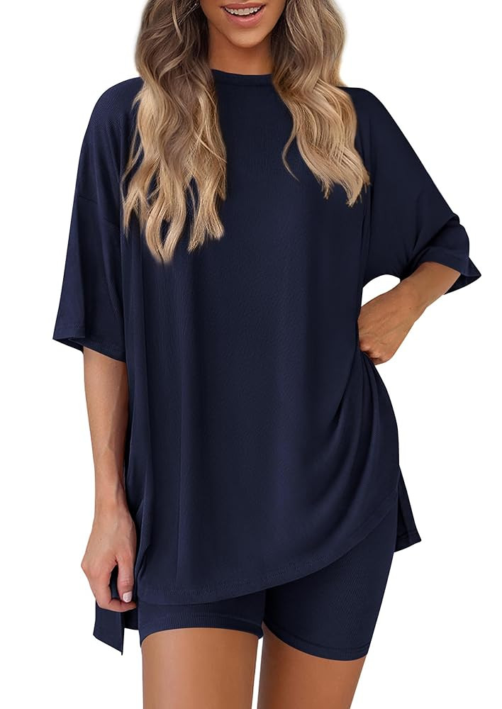 PRETTYGARDEN Women's Two Piece Lounge Set 2025 Summer Casual Oversized Shirts Biker Shorts Matchi... | Amazon (US)