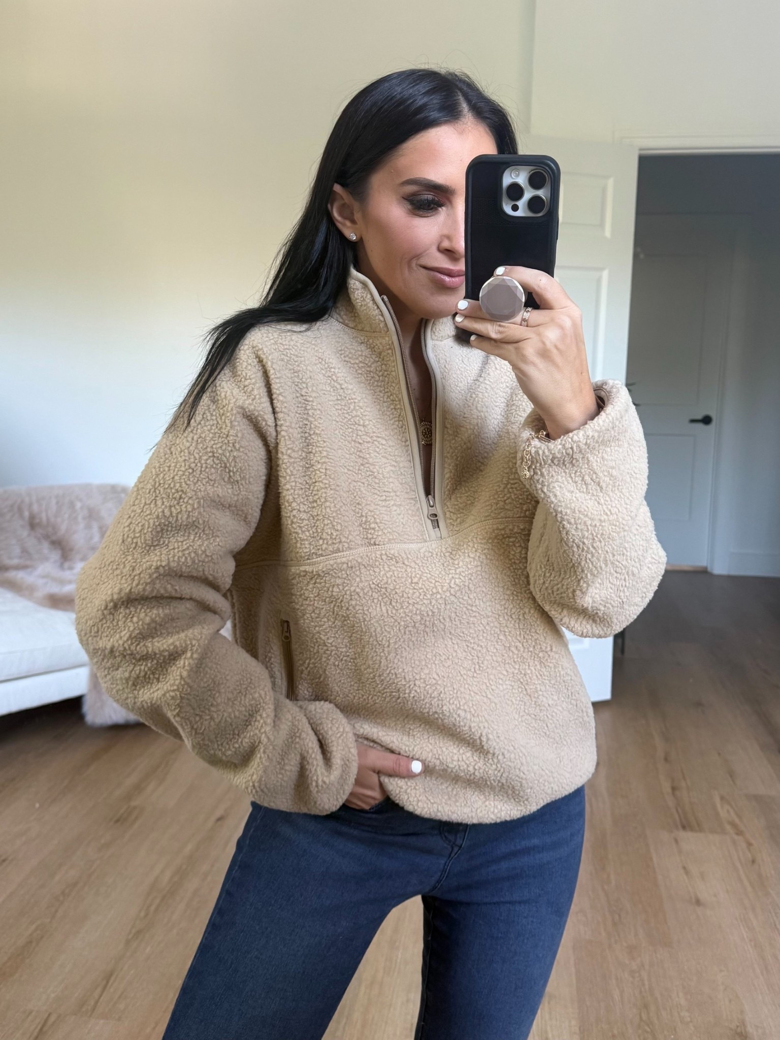 Sherpa Fleece hoodie wearing size medium. 
