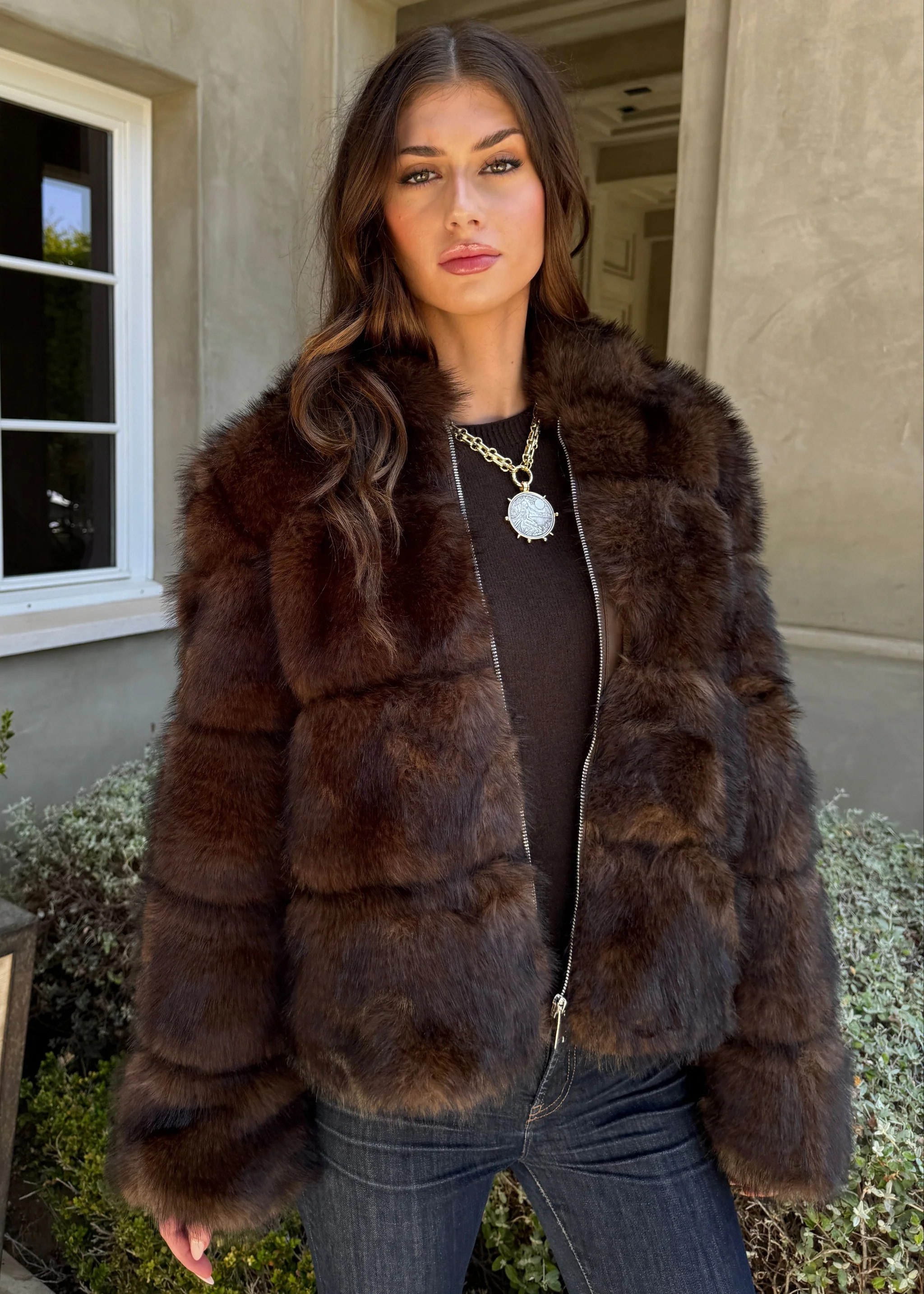 Marcella Puffer Style Faux Fur Hooded Zip Up Jacket - Chocolate Brown | Benaar La