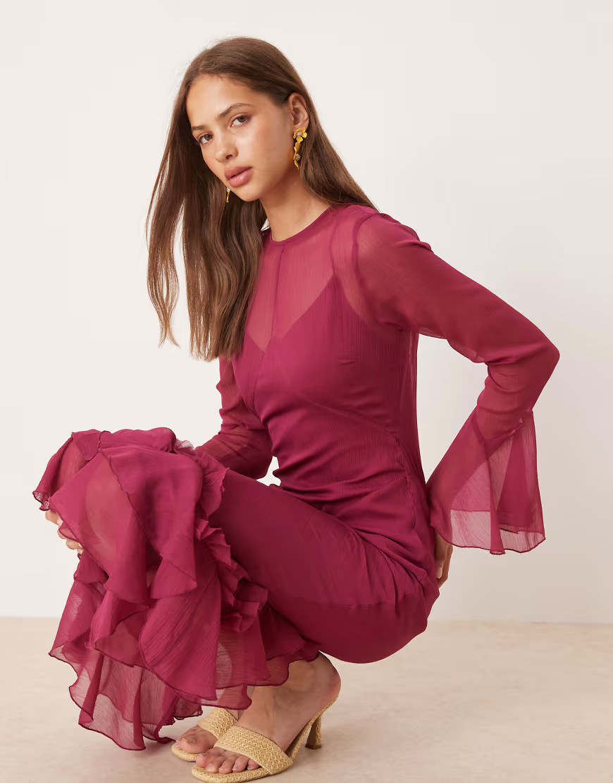 ASOS DESIGN flutter sleeve maxi dress with frill hem in cherry-Red | ASOS (Global)