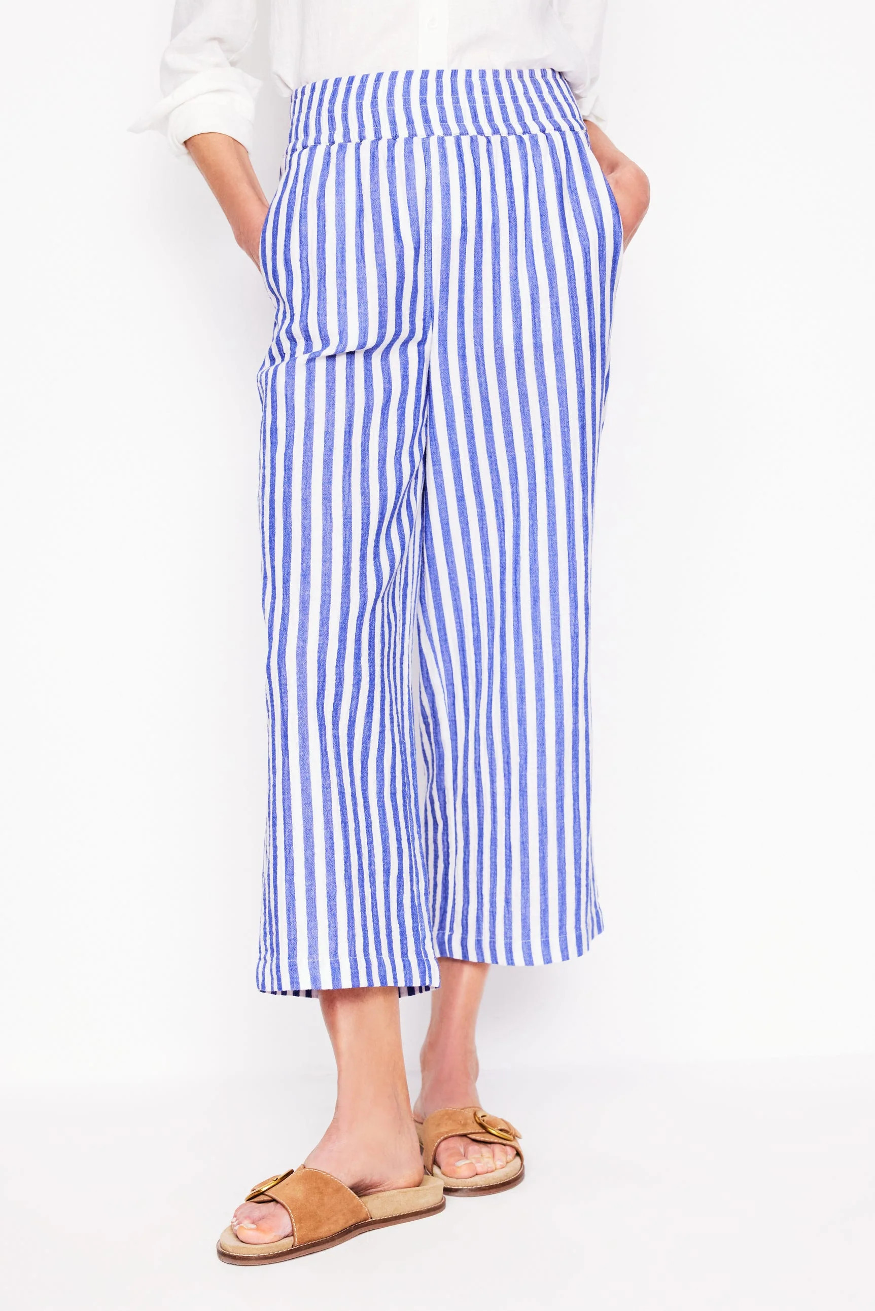 Cropped Double Cloth Pants-Bright Blue Stripe | Boden (US)