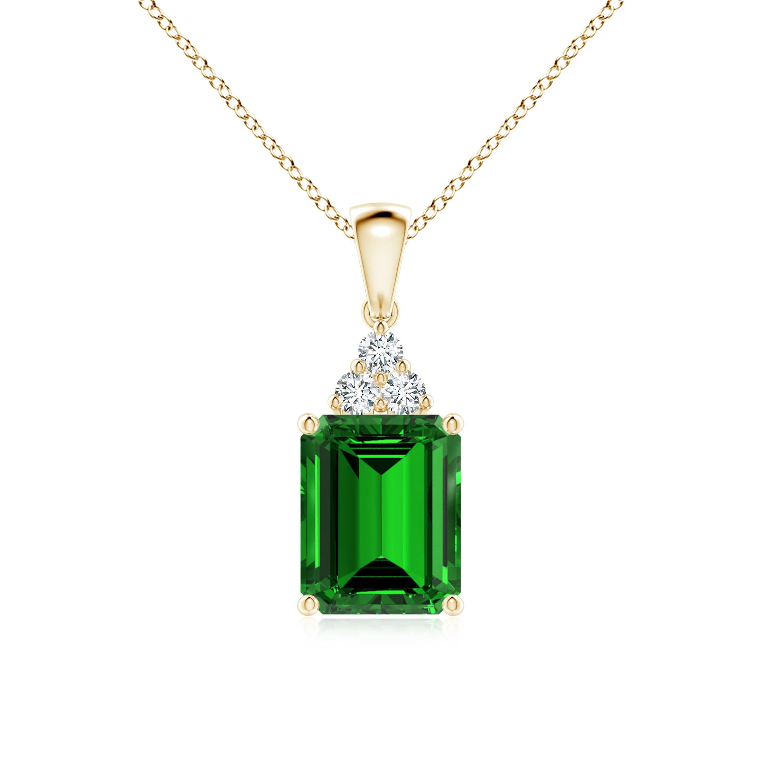 Lab-Grown Emerald-Cut Emerald Pendant with Lab Diamond Trio | Angara | Angara US