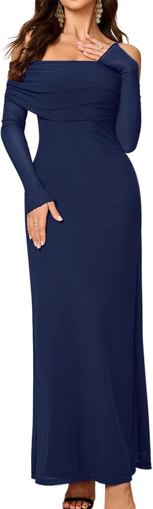 Colysmo Women Long Sleeve Mesh Off Shoulder Bodycon Maxi Dress Formal Wedding Guest Elegant Party... | Amazon (US)