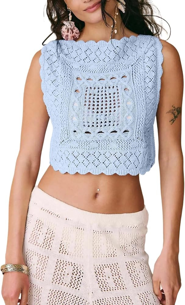 Womens Crochet Sweater Tank Tops Sleeveless Summer Cover Ups Hollow Out Slim Fit Going Out Knit V... | Amazon (US)